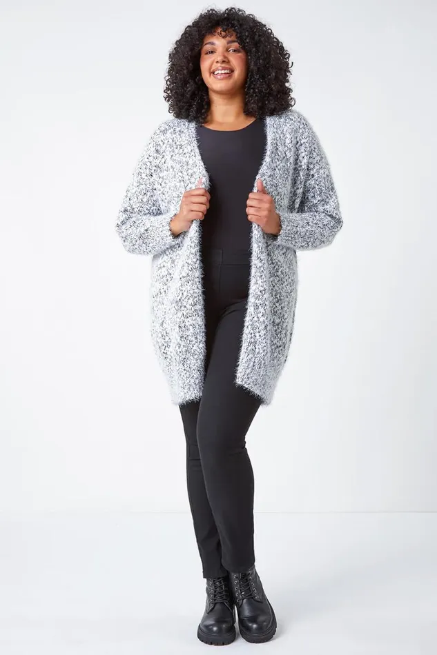 Grey Curve Fluffy Textured Cardigan Women Roman Knitwear