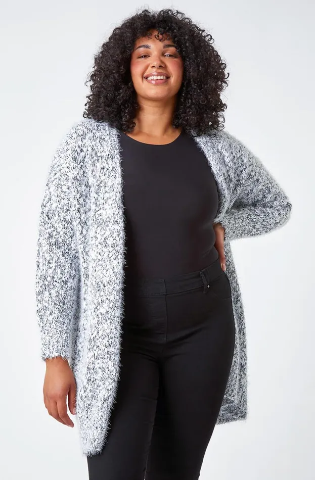 Grey Curve Fluffy Textured Cardigan Women Roman Knitwear