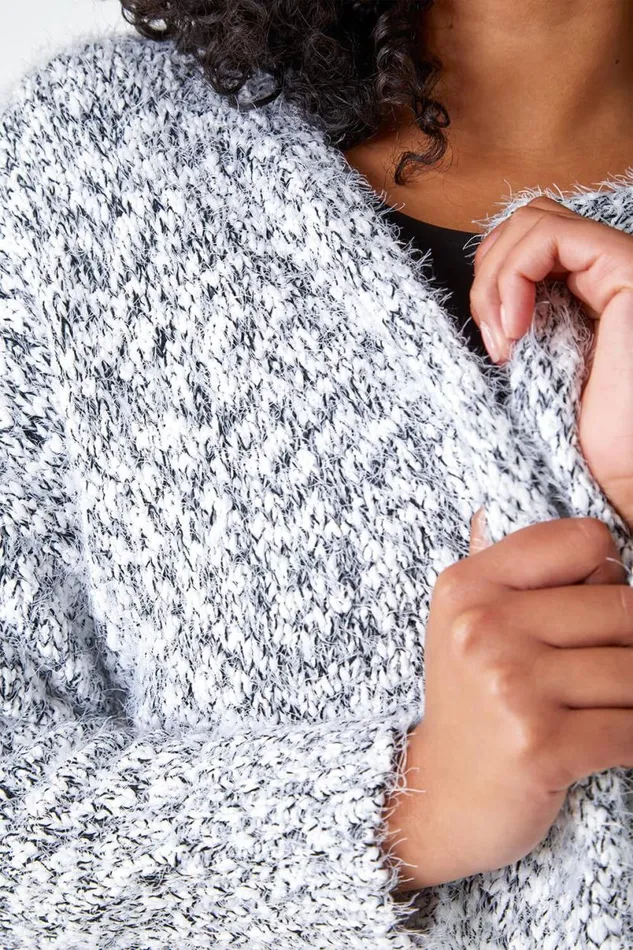 Grey Curve Fluffy Textured Cardigan Women Roman Knitwear