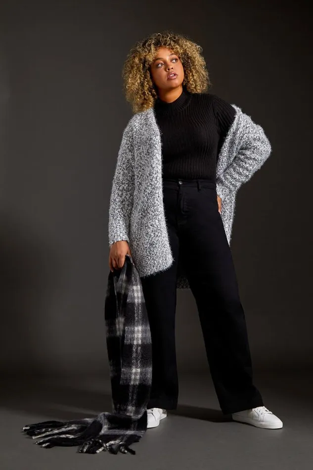 Grey Curve Fluffy Textured Cardigan Women Roman Knitwear