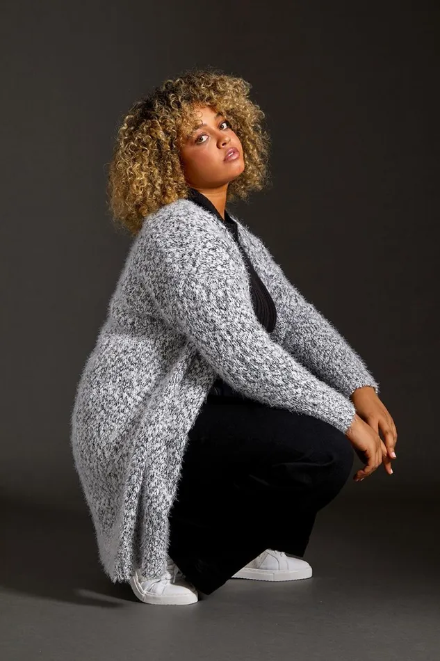 Grey Curve Fluffy Textured Cardigan Women Roman Knitwear