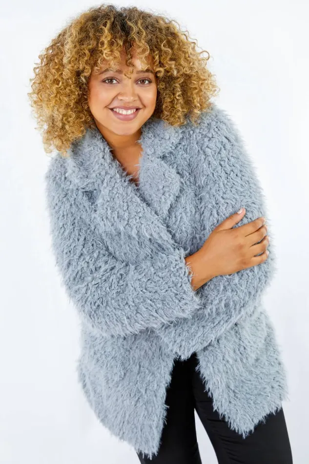 Grey Curve Fluffy Textured Coat Women Roman Coats