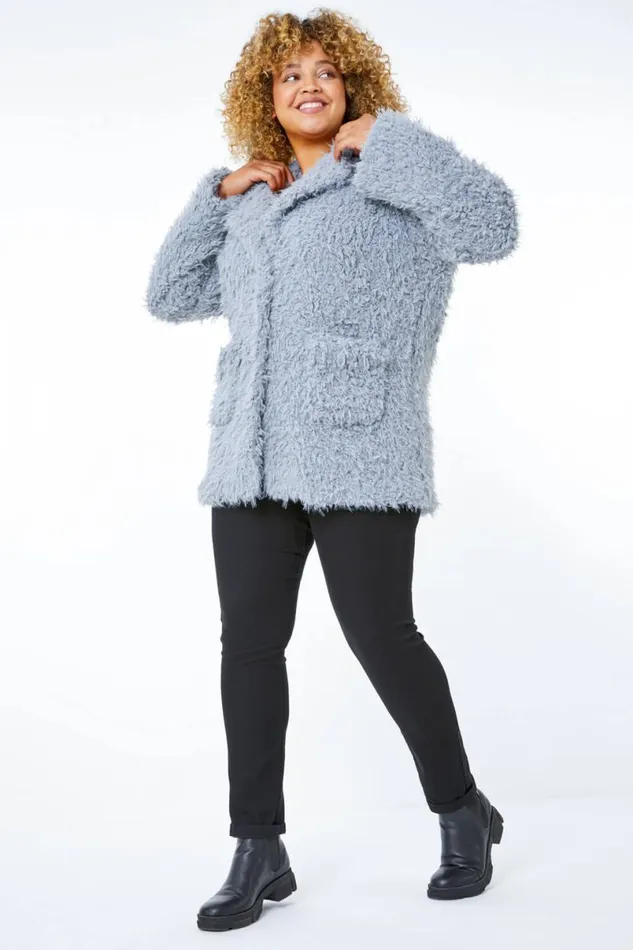 Grey Curve Fluffy Textured Coat Women Roman Coats