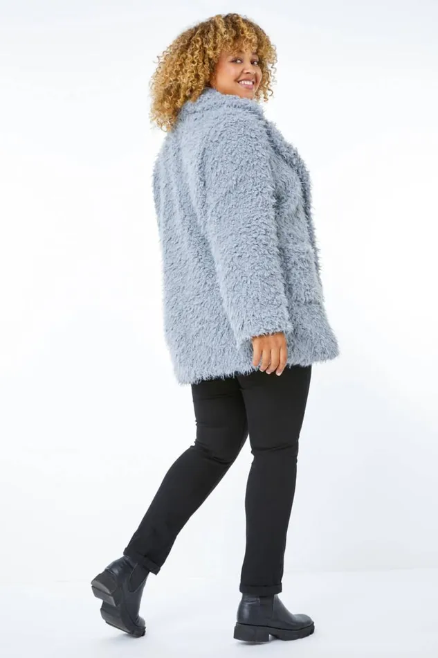Grey Curve Fluffy Textured Coat Women Roman Coats