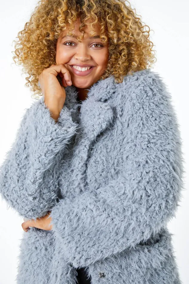 Grey Curve Fluffy Textured Coat Women Roman Coats