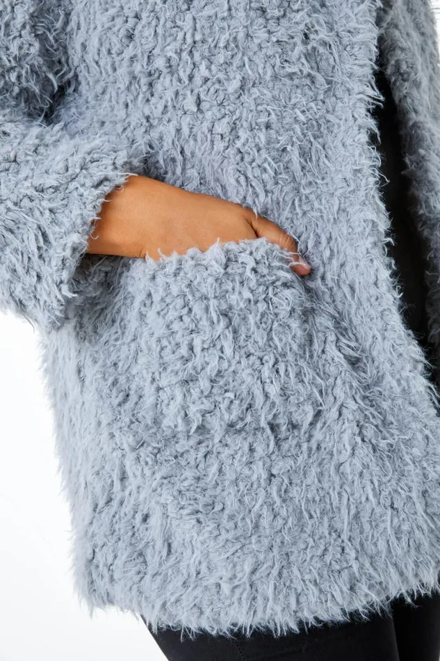 Grey Curve Fluffy Textured Coat Women Roman Coats