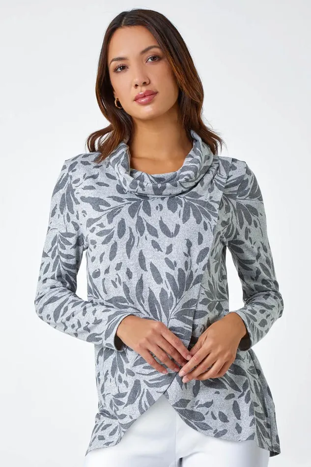 Grey Floral Print Cowl Neck Stretch Top Women Roman Tops