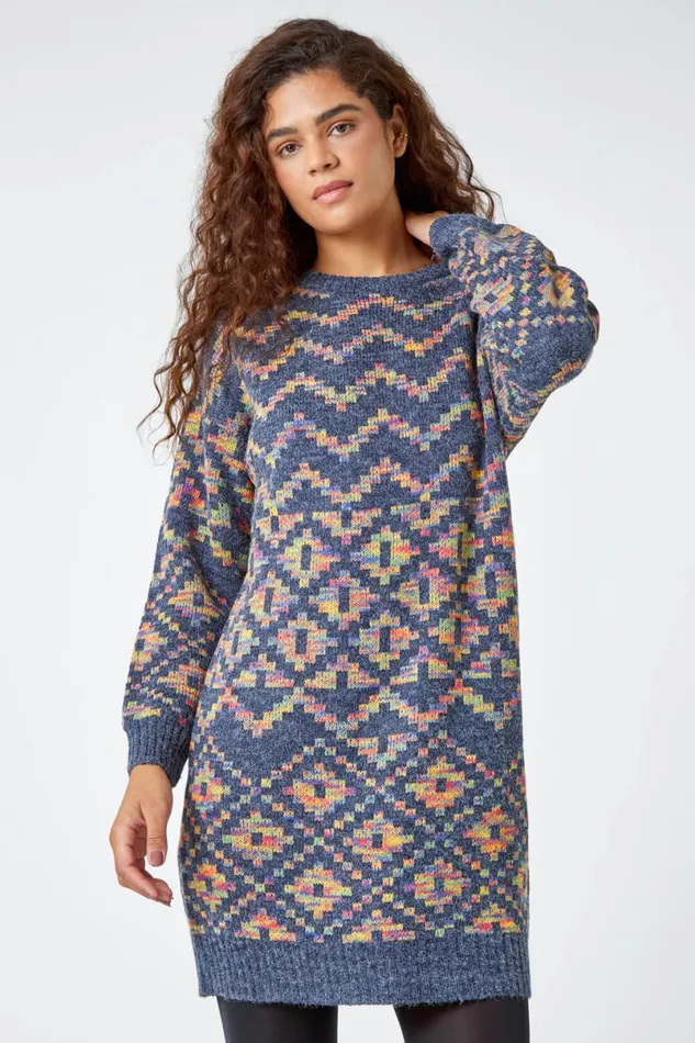Grey Geometric Print Jacquard Jumper Dress Women Roman Dresses