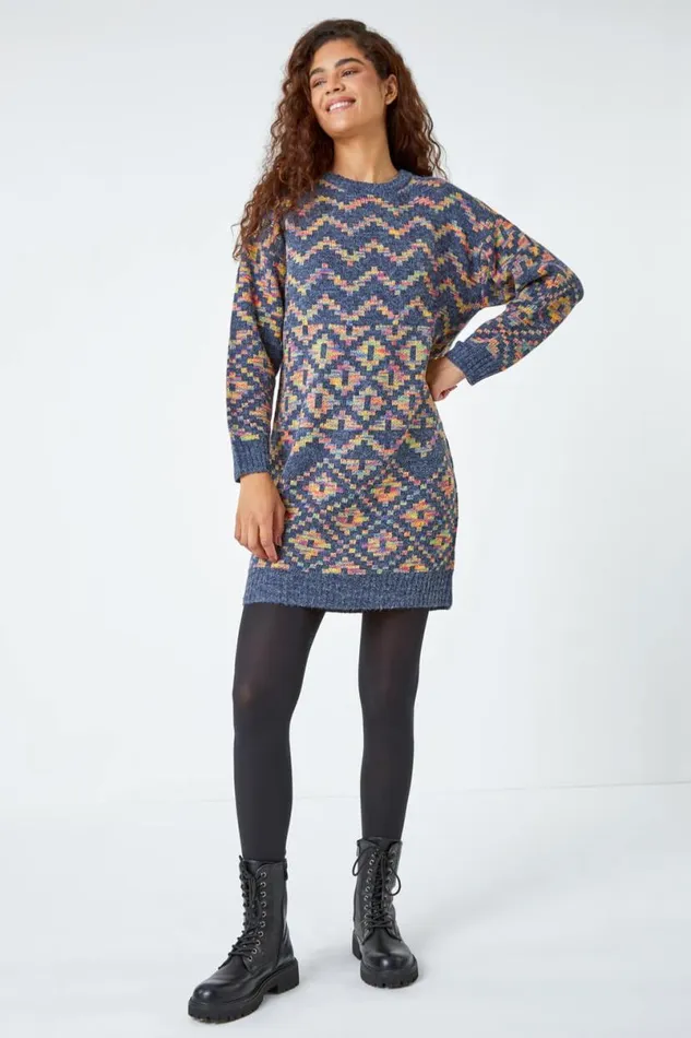 Grey Geometric Print Jacquard Jumper Dress Women Roman Dresses