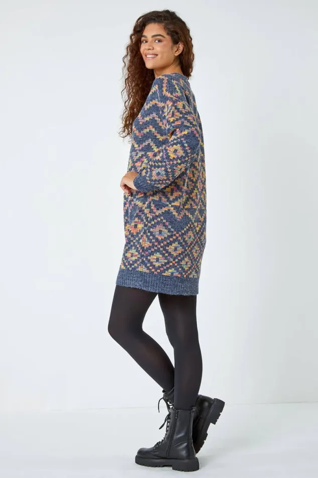 Grey Geometric Print Jacquard Jumper Dress Women Roman Dresses