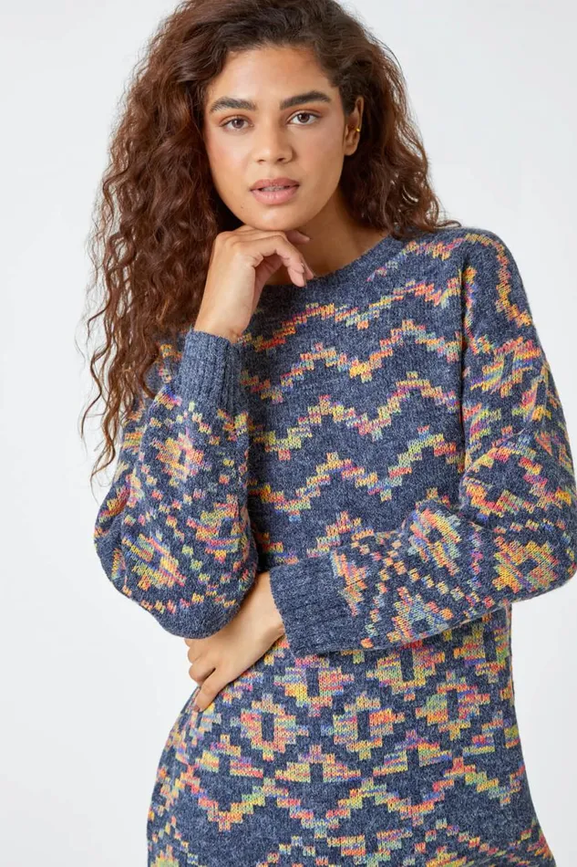 Grey Geometric Print Jacquard Jumper Dress Women Roman Dresses
