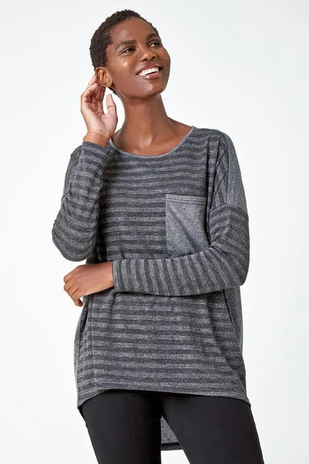 Grey Glitter Stripe Pocket Stretch Top Women Roman Tops
