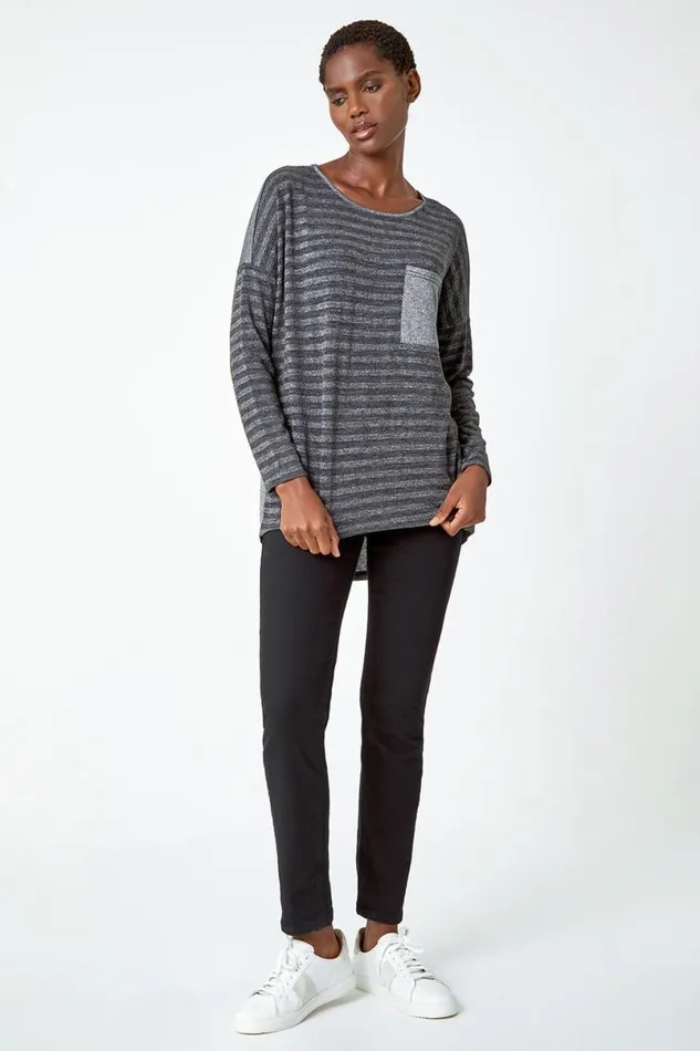 Grey Glitter Stripe Pocket Stretch Top Women Roman Tops