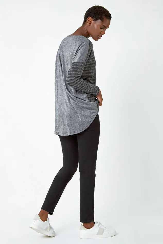 Grey Glitter Stripe Pocket Stretch Top Women Roman Tops