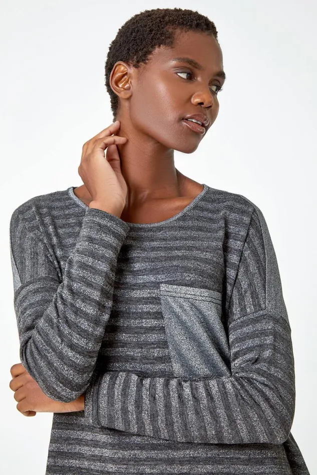 Grey Glitter Stripe Pocket Stretch Top Women Roman Tops