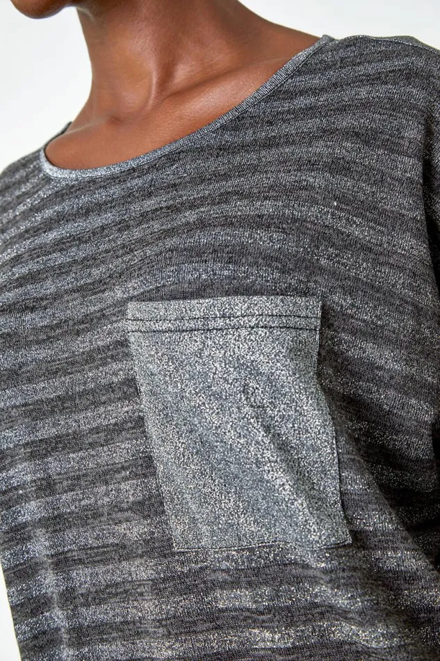 Grey Glitter Stripe Pocket Stretch Top Women Roman Tops