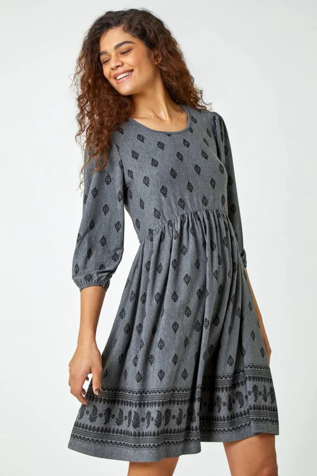 Grey Paisley Border Print Stretch Dress Women Roman Dresses