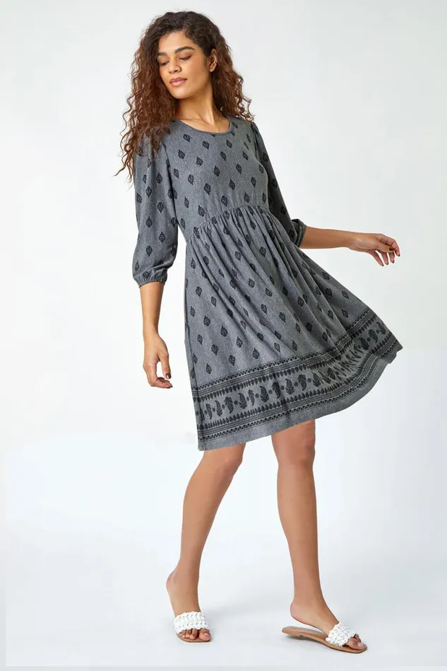 Grey Paisley Border Print Stretch Dress Women Roman Dresses