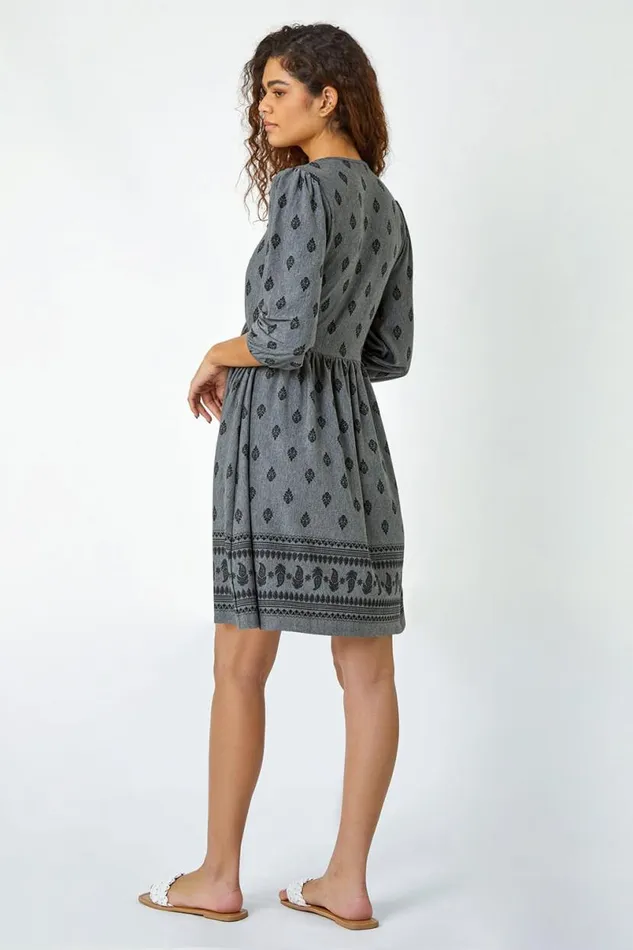 Grey Paisley Border Print Stretch Dress Women Roman Dresses