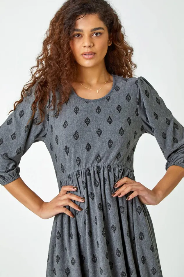 Grey Paisley Border Print Stretch Dress Women Roman Dresses