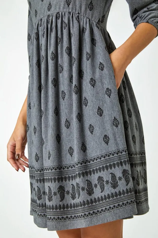 Grey Paisley Border Print Stretch Dress Women Roman Dresses
