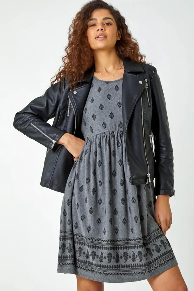 Grey Paisley Border Print Stretch Dress Women Roman Dresses