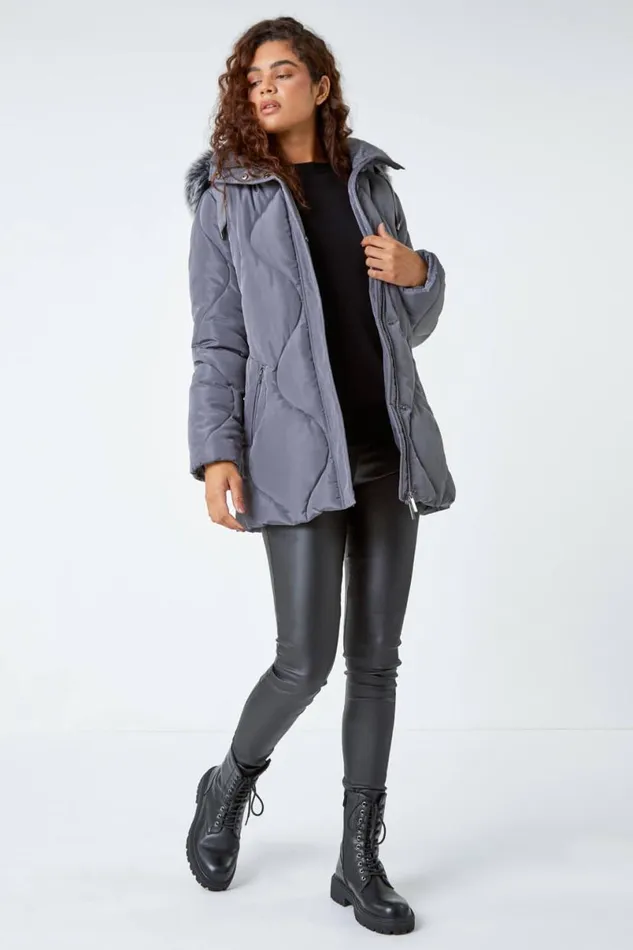 Grey Quilted Faux Fur Hooded Coat Women Roman Coats