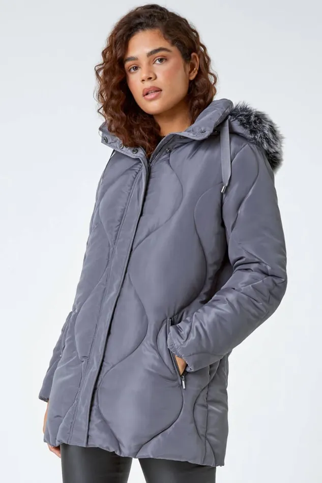 Grey Quilted Faux Fur Hooded Coat Women Roman Coats