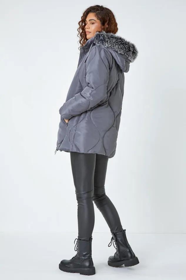 Grey Quilted Faux Fur Hooded Coat Women Roman Coats