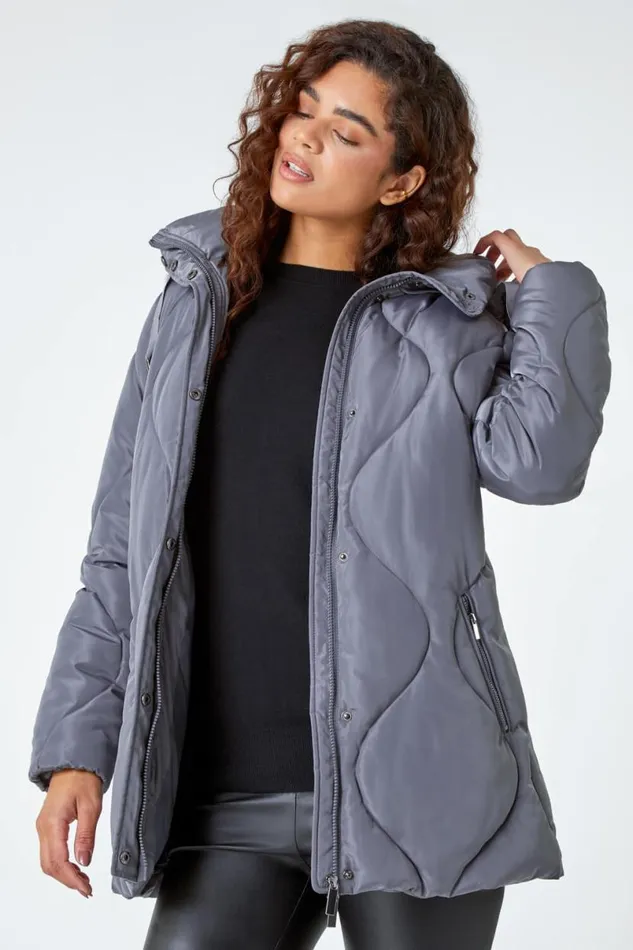Grey Quilted Faux Fur Hooded Coat Women Roman Coats