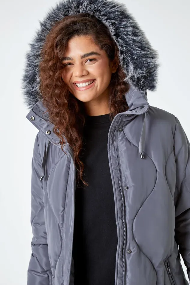 Grey Quilted Faux Fur Hooded Coat Women Roman Coats