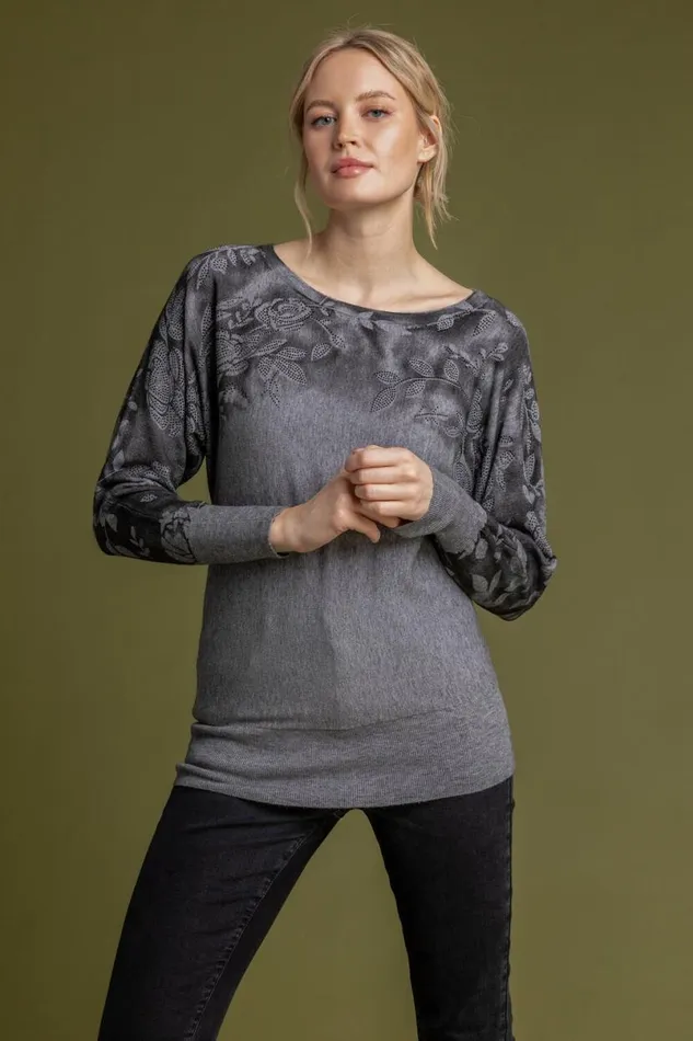 Grey Shadow Floral Border Print Top Women Roman Knitwear