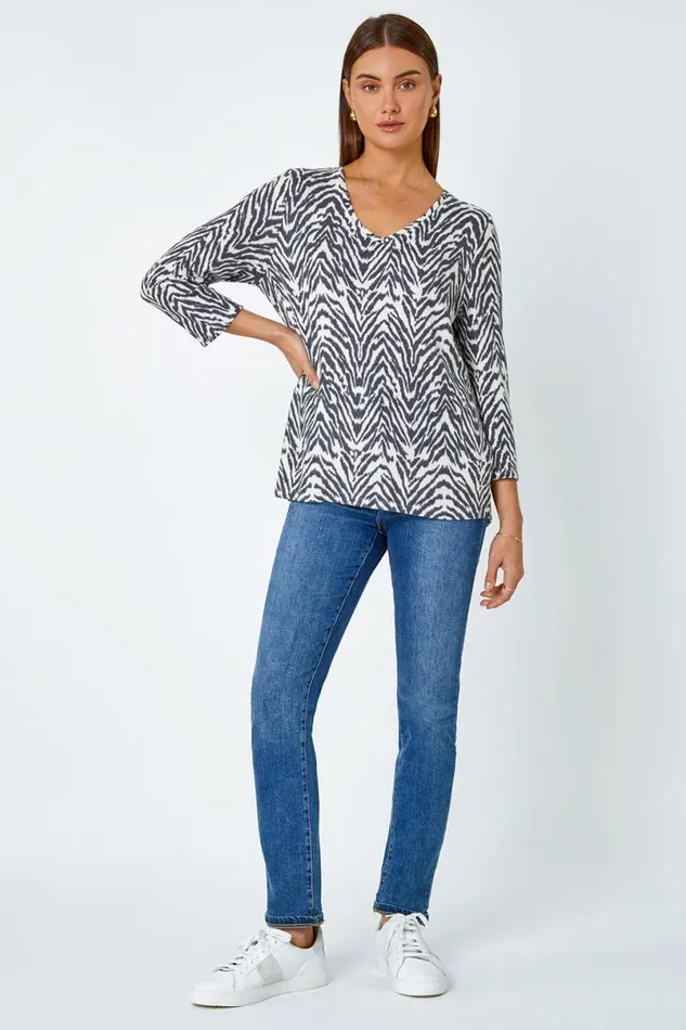 Grey Soft Touch Animal VNeck Stretch Top Women Roman Tops