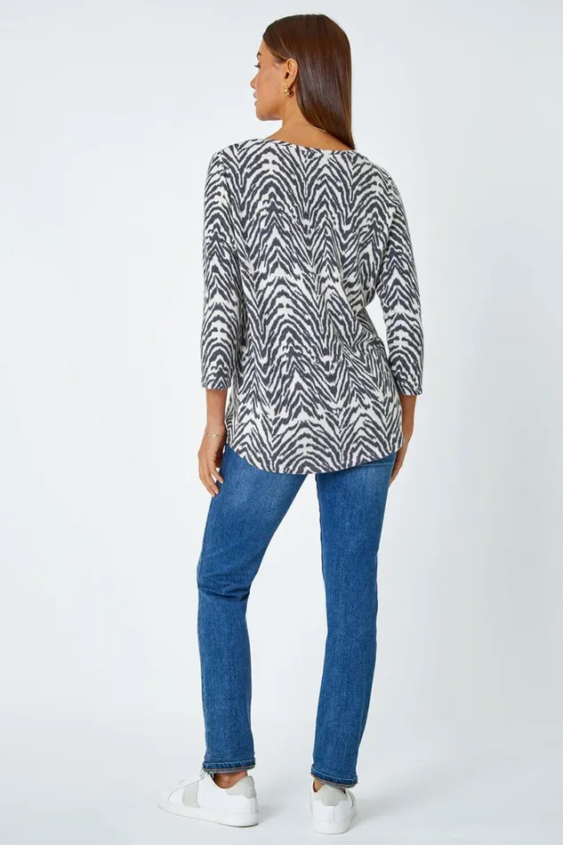 Grey Soft Touch Animal VNeck Stretch Top Women Roman Tops