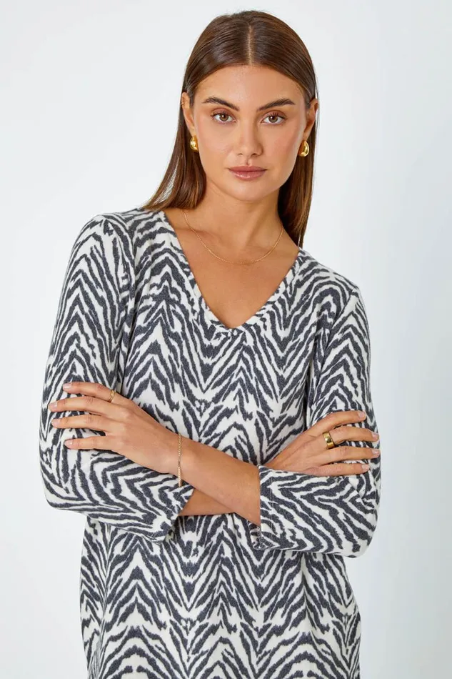Grey Soft Touch Animal VNeck Stretch Top Women Roman Tops