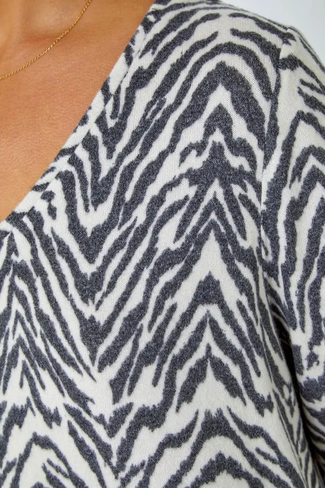 Grey Soft Touch Animal VNeck Stretch Top Women Roman Tops
