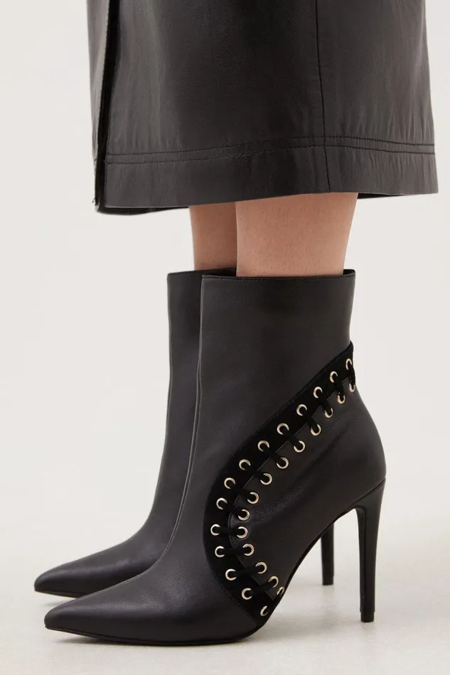Heels Women Karen Millen Leather And Suede Eyelet Heeled Boot Black