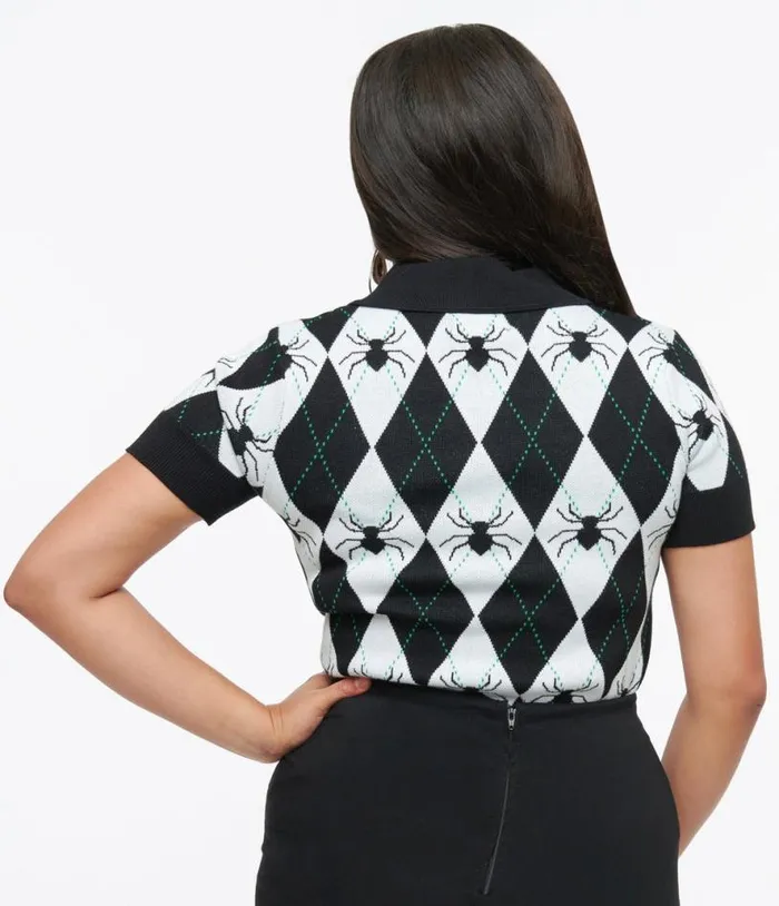 Hell Bunny 1950s Black and White Argyle Spider Natasha Top Halloween Unique Vintage Tops