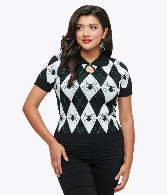 Hell Bunny 1950s Black and White Argyle Spider Natasha Top Halloween Unique Vintage Tops