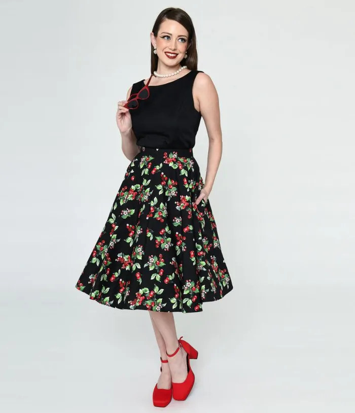 Hell Bunny Black and Cherry Print Swing Skirt ClothingPlus Unique Vintage Skirts Hell Bunny Black and Cherry Print Swing Skirt ClothingPlus Unique Vintage Skirts
