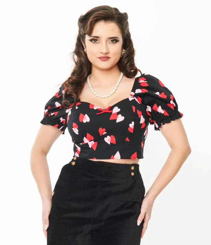 Hell Bunny Black and Red Hearts Crop Top ClothingPlus Unique Vintage Blouses
