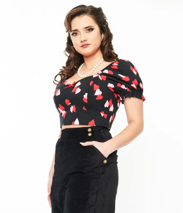 Hell Bunny Black and Red Hearts Crop Top ClothingPlus Unique Vintage Blouses