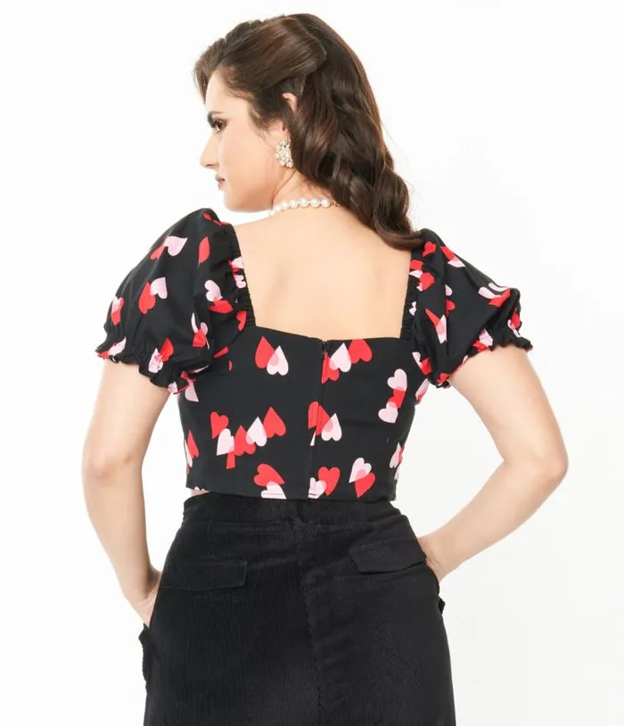 Hell Bunny Black and Red Hearts Crop Top ClothingPlus Unique Vintage Blouses