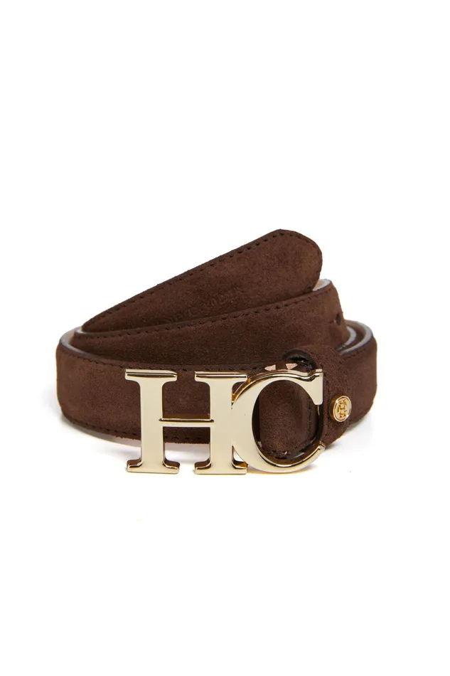 Holland Cooper Atelier Slim Logo Belt Chocolate Suede Women Belts Holland Cooper Atelier Slim Logo Belt Chocolate Suede Women Belts