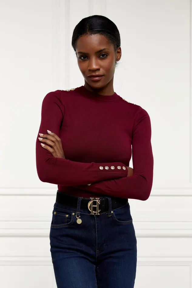 Holland Cooper Buttoned Knit Crew Neck Wine Women Knitwear