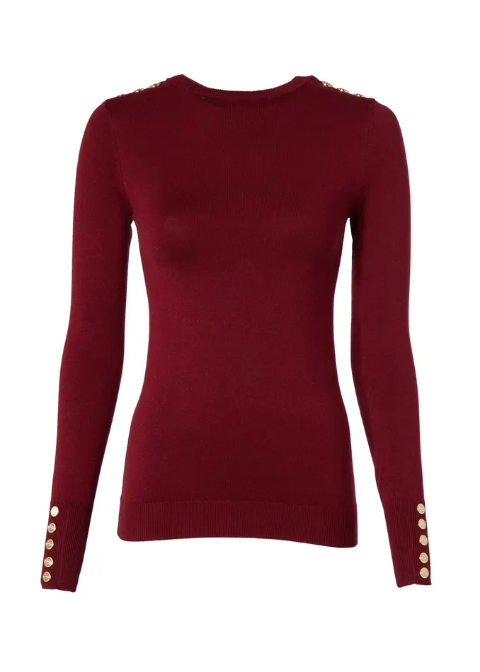 Holland Cooper Buttoned Knit Crew Neck Wine Women Knitwear Holland Cooper Buttoned Knit Crew Neck Wine Women Knitwear