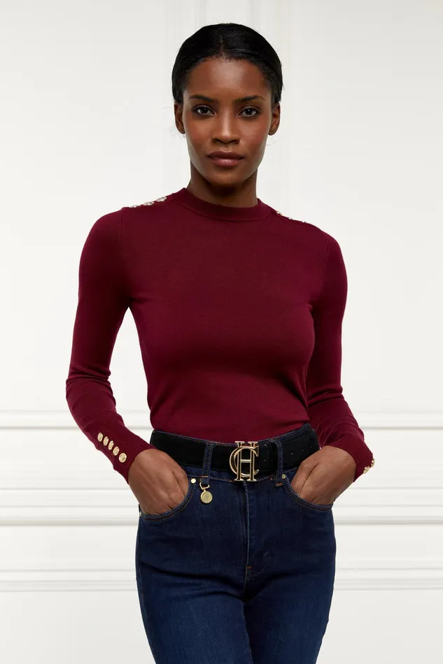 Holland Cooper Buttoned Knit Crew Neck Wine Women Knitwear Holland Cooper Buttoned Knit Crew Neck Wine Women Knitwear