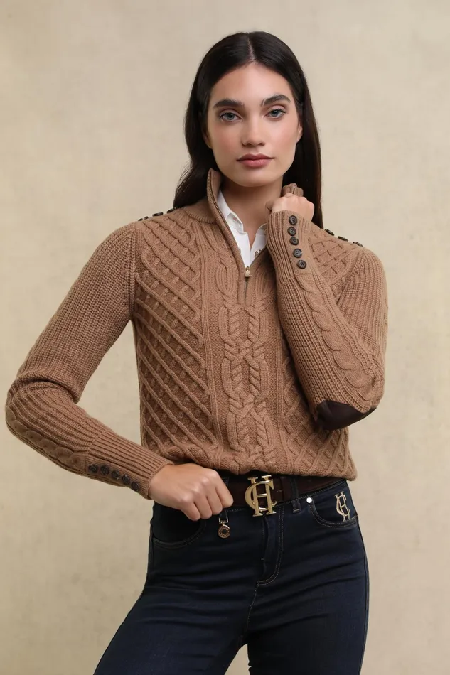 Holland Cooper Country Cable Quarter Zip Knit Caramel Women Knitwear