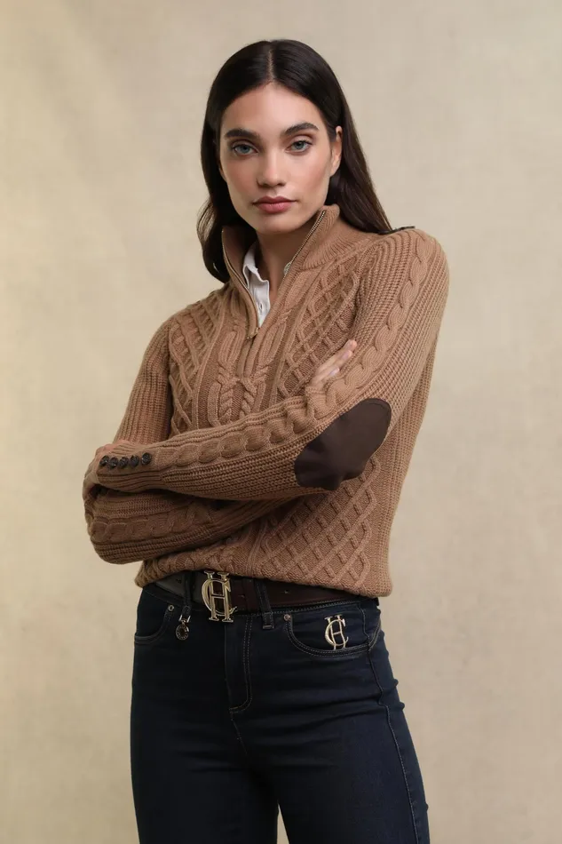 Holland Cooper Country Cable Quarter Zip Knit Caramel Women Knitwear Holland Cooper Country Cable Quarter Zip Knit Caramel Women Knitwear