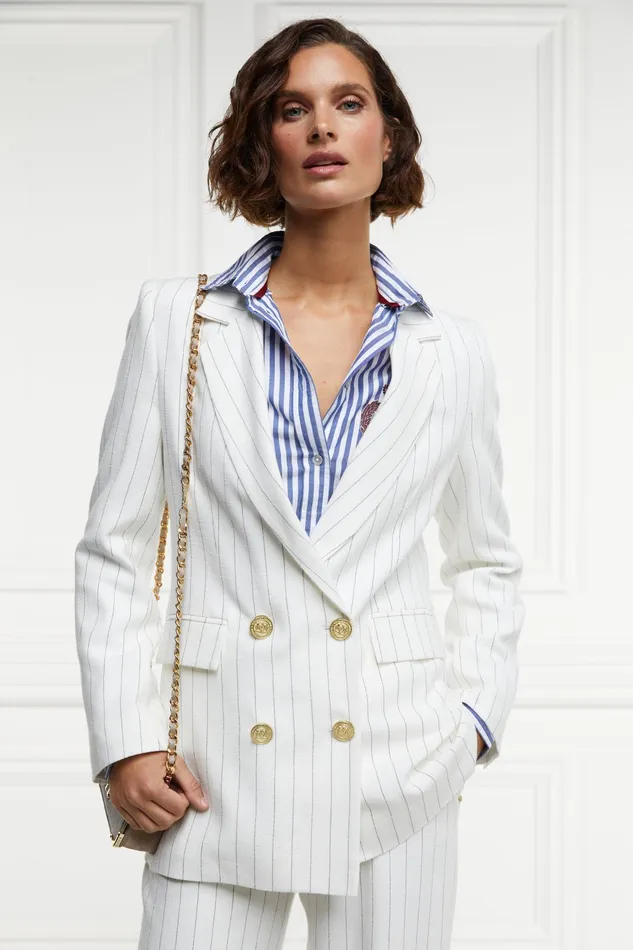 Holland Cooper Double Breasted Blazer Oyster Linen Pinstripe Women Tailoring